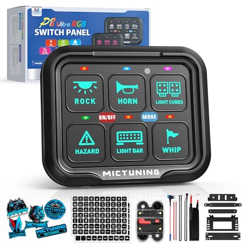 MICTUNING P8 RGB 6 Gang Switch Panel, Upgraded IP67 4 Multifunctions Flash Strobe Momentary Toggle Switch Backlit Off Auto Dimmable 12V-24V Circuit Control Relay System Box for Boat Marine Car RV