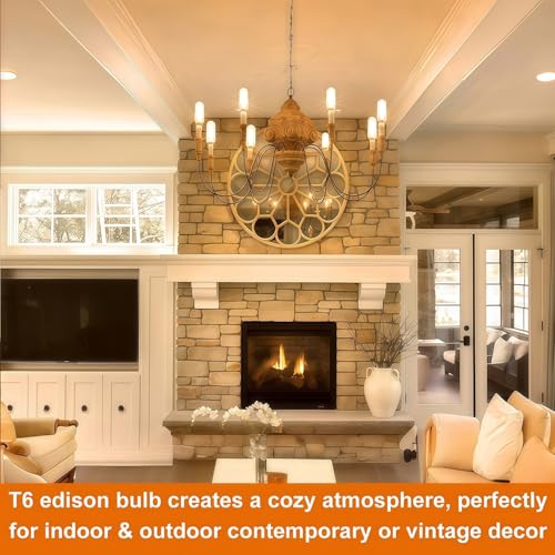 Image of Vinaco T6 LED Candelabra Bulb Dimmable 4W 2700K Warm White for Chandelier | 6PCS 40W Eq. 450LM, 360Beam, NO Flicker, 3.39 Inch, Clear Glass E12 LED Edison Bulb, for Ceiling Fan light, Pendant, Sconce