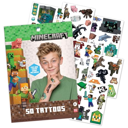 Minecraft Temporary Tattoos for Kids (50 pack). Made in the USA w Certified Safe Ink. Birthday Party Supplies and Party Favors Kit. Bulk Temporary Tattoos Stickers Set for Girls and Boys