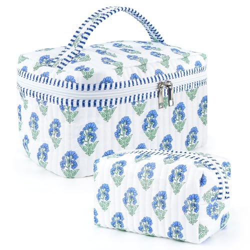 2 Pcs Quilted Makeup Bag Set Floral Boho Toiletry Bag Travel Essentials Gifts for Women Girls Cute Flower Cosmetic Organizer Pouch Make Up Bags for Travel Bachelorette Party Favors (Blue - White)