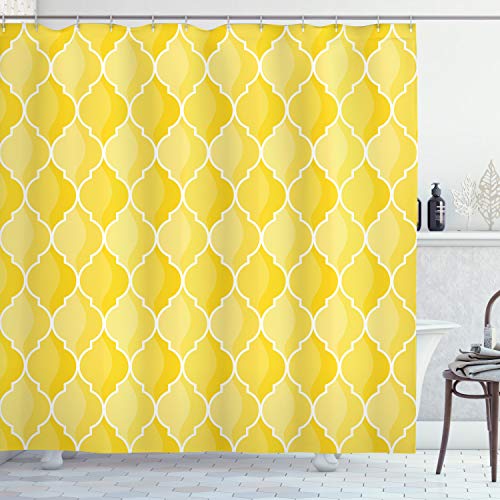 ABAKUHAUS Yellow Shower Curtain, Ancient Moroccan Trellis Pattern in Yellow Tones Vintage Eastern Pattern