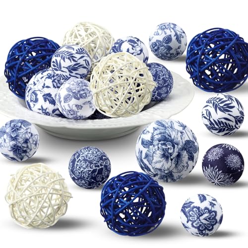 Halloscume 36 Pcs Blue and White Ornaments Chinoiserie Fabric Ball Decoration for Centerpiece Bowls 2. 4 Inch Wicker Rattan Balls 1. 57 Inch Decor Spheres Xmas Party Vases Home Table Decor(Classic)