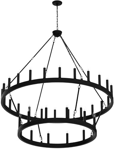 Miniatura 4 de Candelabro de 2 niveles con ruedas grandes de carro, 36 luces de 48 pulgadas, lámpara colgante rústica redonda para comedor, cocina, isla de