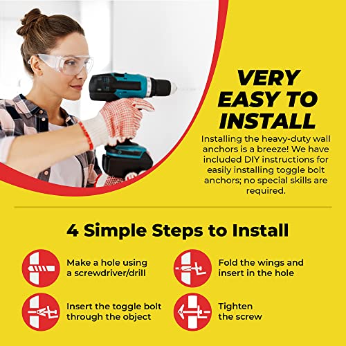 Qualihome Spring Toggle Bolt Anchors - Heavy Duty Wall Anchors For Hanging Items W/Hollow Walls & More - Stainless Steel Hollow Wall Anchor For Frames, Shelves, Mirrors & More, 20 Pack (3/16" X 3") #TOP5