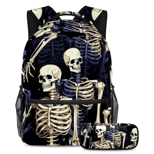 Cartable squelette foncé cool avec sa trousse assortie pour ranger les affaires de cours