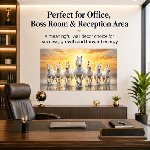 Image of Seven Horses Vastu Wall Sticker for Home & Office, 7 Running White Horses Sunrise Wall Art, Positive Energy Wall Decor for Living Room, Bedroom, Entrance & Office