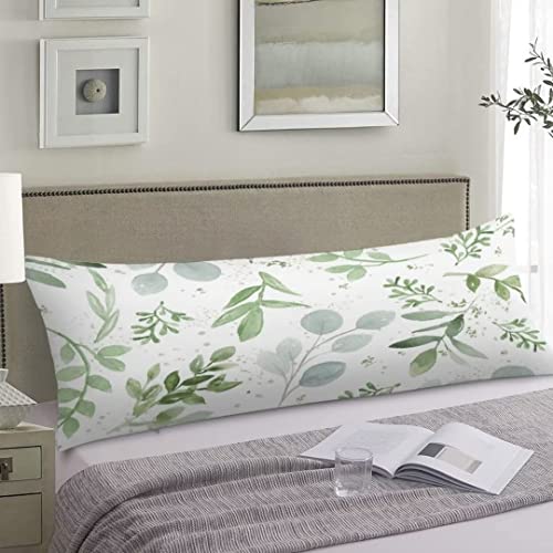 Green Leaf Body Pillow Cover Watercolor Eucalyptus Floral Spring Plant Leave Botanical Foliage Long Pillowcase With Zipper Decorative Soft Cushion Bedding Pillow Cases For Couch,Home Gift 20"X54" #TOP2
