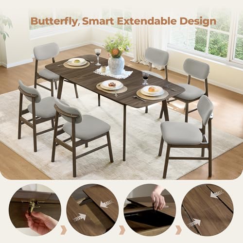 Image of CHITA 59 inch-75 inch Extendable Dining Room Table for 4-6, Modern Wood Dining Table for Small Spaces, Kitchen, Space Saving Hidden Leaves, Solid Rubberwood Frame, Walnut Veneer