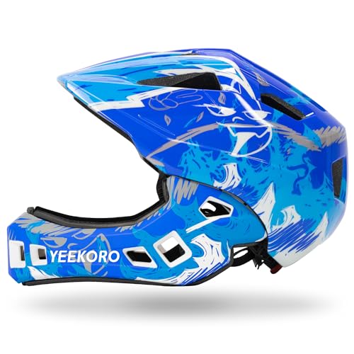 YEEKORO Casco de bicicleta para niños con protector de barbilla, casco de cara completa ajustable desmontable para niñas y niños, casco de ciclismo, monopatín, scooter, equipo de protección, tamaño
