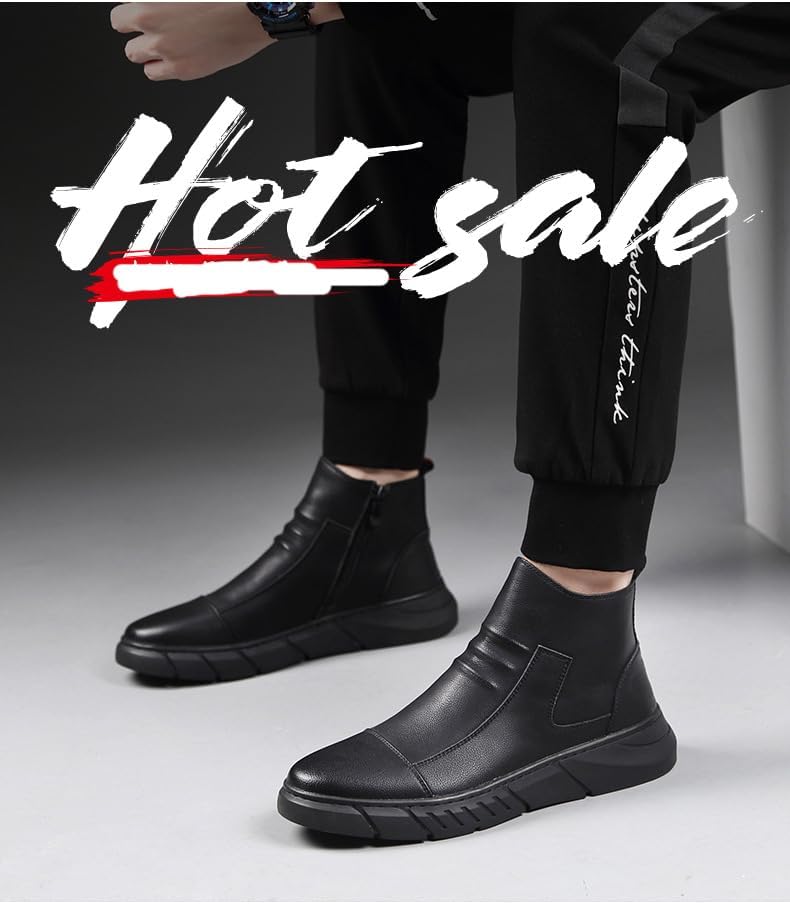 Miniatura 5 de PURCHAWEE Botas Chelsea de cuero para hombre, botas casuales antideslizantes con cremallera lateral alta para negocios, botas de tobillo Chukka