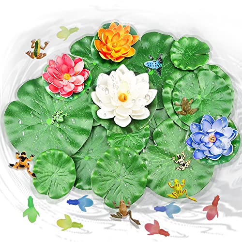 GZGXKJ 30 Piezas Decoración de Estanque Flotantes Lirio de Agua Artificial Flor de Loto de nenúfar y Hojas de Loto con Rana Pez pequeño para Estanque de Jardín Piscina Acuario Terraza Etapa Boda