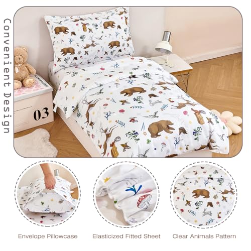 Image of PERFEMET Kids Comforter Sets Twin 4 Pieces Cartoon Woodland Animal Print Bedding for Boys Girls Soft Reversible Bear Deer Forest Theme Children Bedroom Set with Sheets for All Season Use