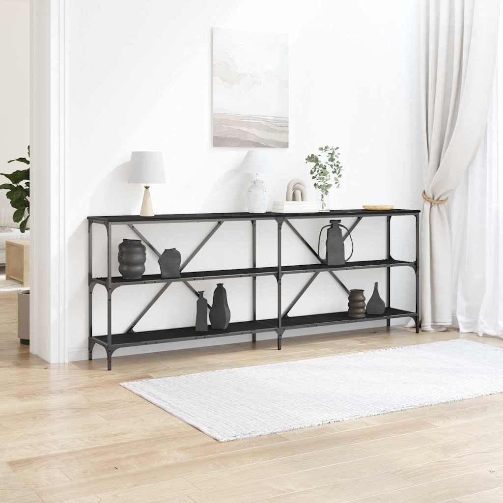 SXZenSpace Console Table Black Oak 200×30×75 cm Engineered Wood Slim Hallway Sofa Side with Plank Shelves 75 kg Load