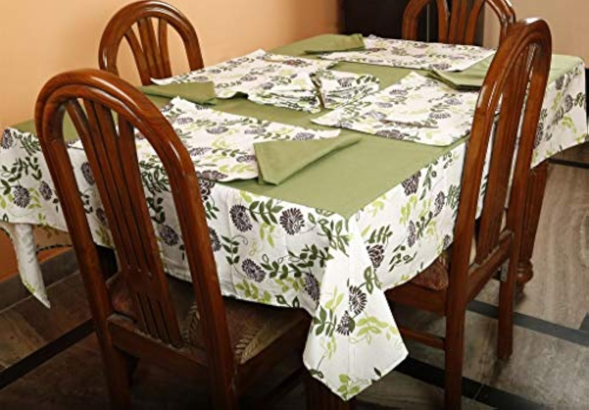 Floral Printed Green Rectangle Table Cover with Place Mat & Napkin