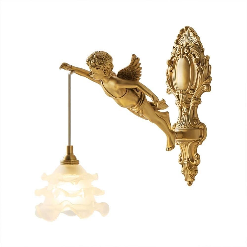 CWCQGH Creative Cartoon Angel Brass Wall Lamp with Glass Shade,Copper Bedside Wall Light,Mid-Century Design Wall Sconce for Bedroom Living Room Dining Room,Brass-left