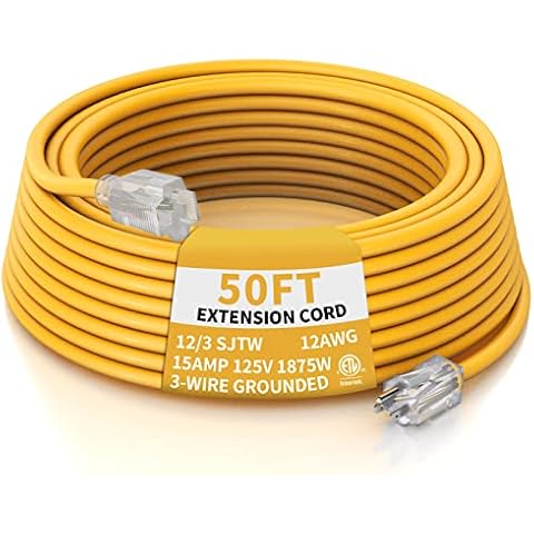 PLUGTUL 12 Gauge Extension Cord 50 Ft, Heavy Duty Outdoor Extension Cord Waterproof Lighted End SJTW, 3 Prong Grounded Plug for Safety, 15A 1875W, ETL Listed, Great for Garden and Home, Yellow Cover