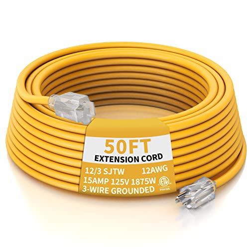 Plugtul Outdoor Extension Cord 50 Ft Waterproof, 12/3 Gauge Heavy Duty Lighted Extension Cord, 3 Prong Grounded Plug For Safety, 15A 1875W Sjtw, Etl Listed, Great For Garden And Home, Yellow #TOP7