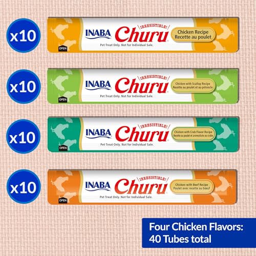 Image of INABA Churu Cat Treats, Lickable, Squeezable Creamy Puree Cat Treat with Green Tea Extract & Taurine, 0.5 Ounces Each Tube, 40 Tubes, Chicken Variety Box