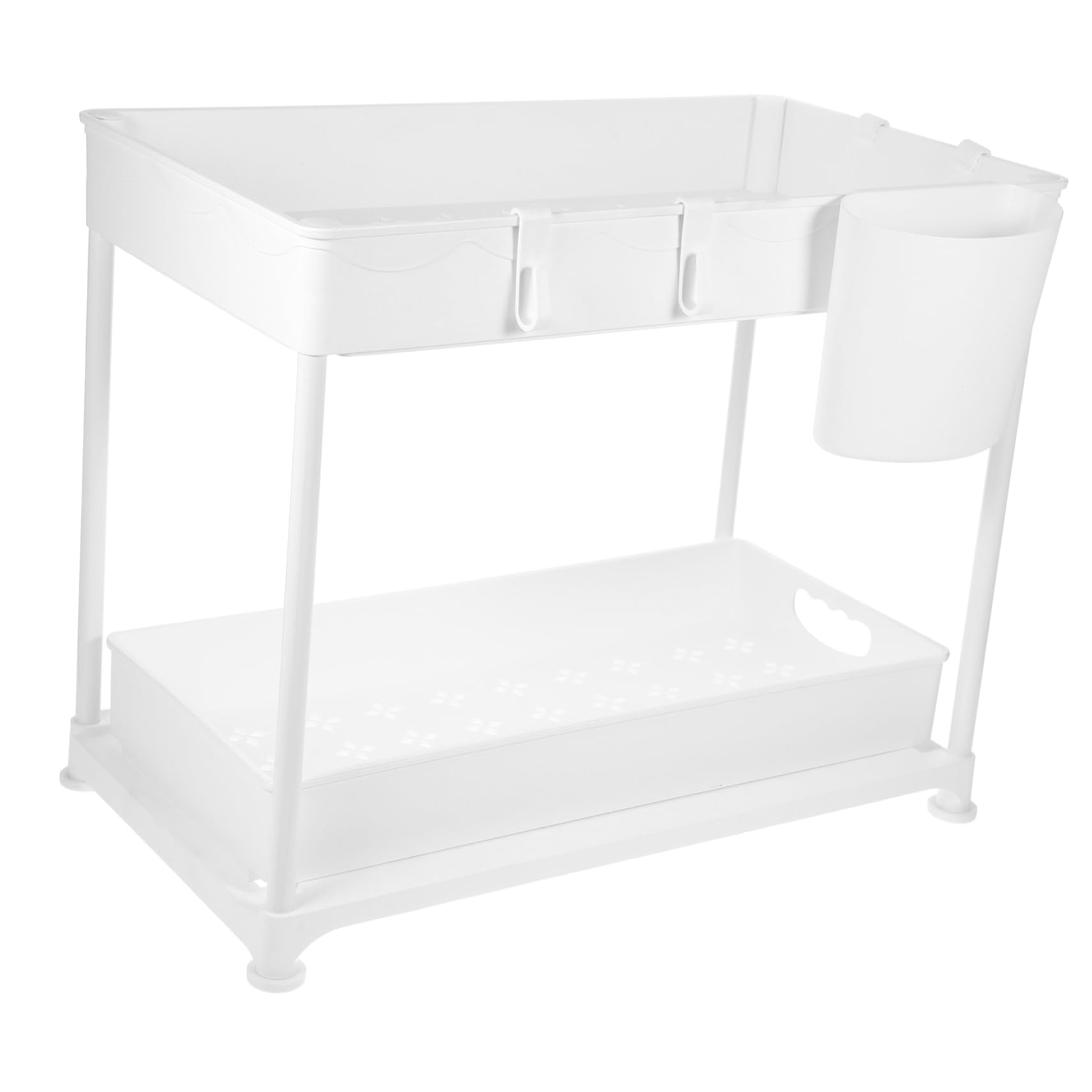 Mensola Organizzatore Sottolavello Estraibile Bianco Abs a Due Livelli | Design a Guardrail, Grande Capienza, Bagno e Cucina, Anti-caduta per Stoviglie