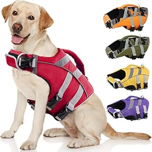 Kuoser Dog Life Jacket with Reflective Stripes – Adjustable High Visibility Vest, Ripstop Lifesaver, Pet Preserver with High Flotation Swimsuit for Small, Medium and Large Dogs
