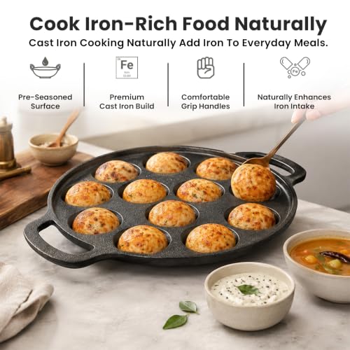 Image of HomeEssentials Cast Iron Appam Pan, Appe, Paniyaram Maker (12 Pits Appam Pan)