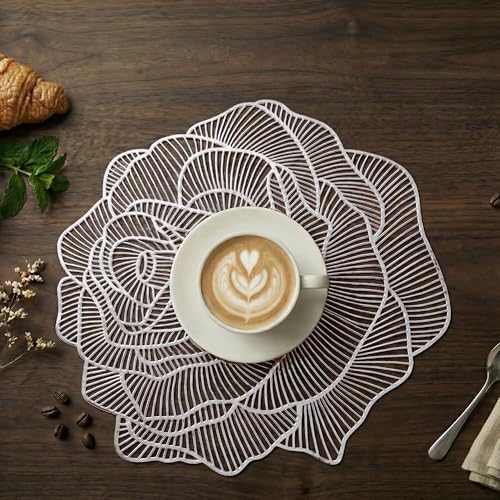 Image of Kuber Industries Leather Table Mats Set of 6 | Washable Placemat /Dining Table Mat for Wedding and Family Functions | Gulab Design - Silver