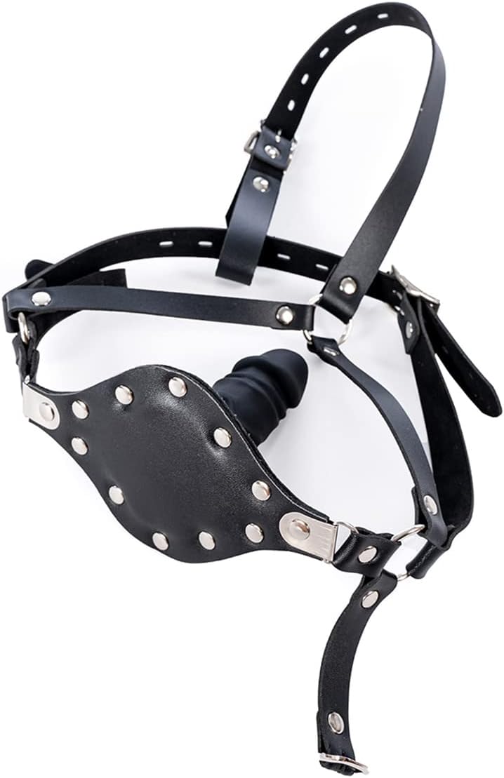 Y-Shape Leather Head Harness with Bondage Dildo Rivet Mouth Masks Gag Fetish Sex Abusing Toys (Length: 6 cm)