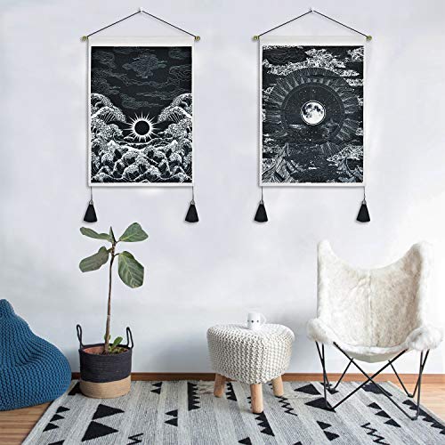 Pack Of 2 Tapestry Moon And Star Tapestry Ocean Wave Tapestry Black And White Tapestries Mountain Tapestry Sunset Great Wave Tapestry Wall Hanging For Room (13.8 X 19.7 Inches) #TOP2