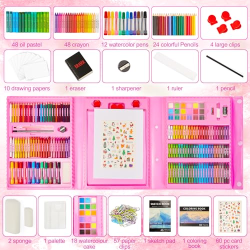 Image of KINSPORY Art Set for Kids, 290 Pack Double-Side Easel Drawing Kits (Pink) | Creative Gift, art & crafts supplies, Coloring, oil pastel, crayon, colored pencil, watercolour pen, Beginner Artist Girl Boy
