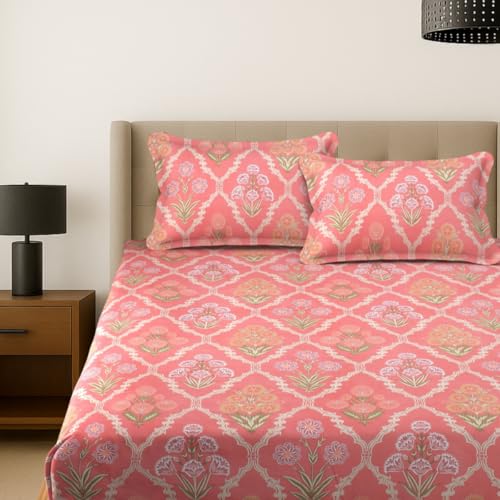 Image of MAFATLAL Plush 140 GSM Double Bed Sheet | Premium Bedding Microfiber | Queen Size | Soft, Wrinkle-Free | Coral Pink