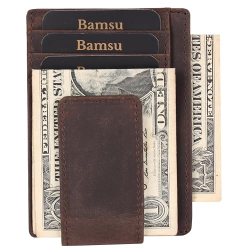Image of Brown Slim Money Clip Wallet for Men - Full-Grain Cowhide Leather, Strong Magnetic Clip, Front Pocket Card Holder, Minimalist Design