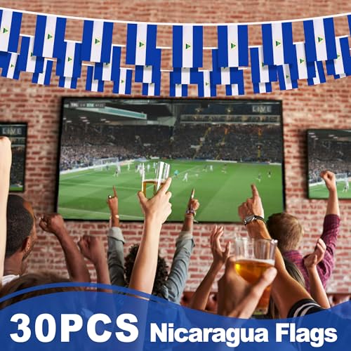 Image of Nicaragua String Flag Pennant Banner, Small Mini Nicaraguan Flags Bunting Banner, National Country Decoration for School, Party, Sports Events, Patriotic Festival, 33 Feet 30 Flags