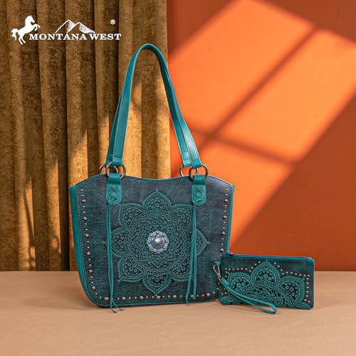 Image of Montana West Western Tooling Tote Bag with Wallet Set for Women Vintage Studded Top Handle Shoulder Handbag