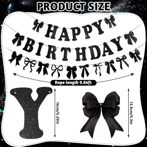 Image of NatNar Bow Birthday Decorations, Black Bow Happy Birthday Banner | Black Birthday Decorations with Cute Bow Hanging Swirls for Women Girls Birthday Party Supplies