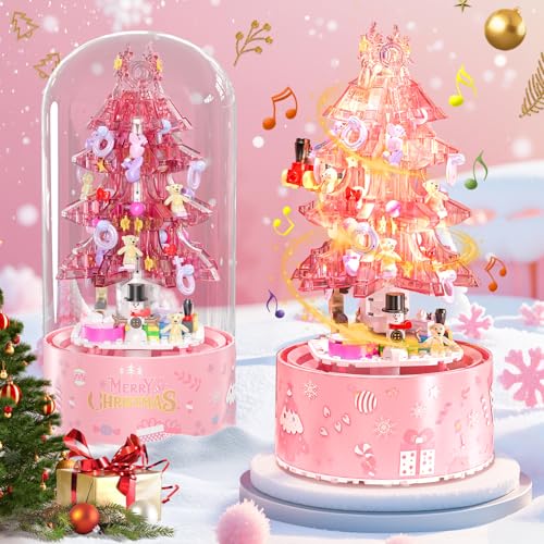 Christmas Building Blocks Sets Pink Rotating Christma Tree Music Box for Kids Christmas Kits with Automatic Snow-Floating Xmas Building Brick Toys Gifts for Adults Teens Kids Girls Boys Ages 6+