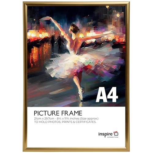inspire by Hampton Frames | A4 Backloader Poster Frame, 21x29.7cm, Gold, Acrylic Front | Lightweight, Easy-Change Design | Display Photos, Art, Certificates