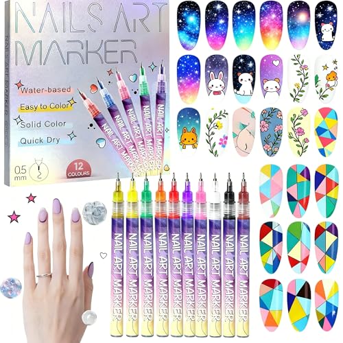 Beautisson Stylo 3D Nail Art Professionnel - Kit de 12 Feutres Vernis à Ongles avec Pointe Métallique Fine 0.5mm, pour deco ongle nail art, Graffiti (12 Couleurs)