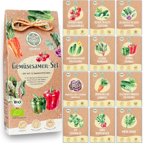 Bio Gemüse Samen Set - 12 Sorten Gemüsesamen aus biologischen Anbau, samenfestes Gemüse Saatgut, Bio Gemüsesamen Set für das Hochbeet, Garten, Balkon und Küche, 12er Pflanzensamen Set Bio Gemüse Samen Set - 12 Sorten Gemüsesamen aus biologischen Anbau, samenfestes Gemüse Saatgut, Bio Gemüsesamen Set für das Hochbeet, Garten, Balkon und Küche, 12er Pflanzensamen Set