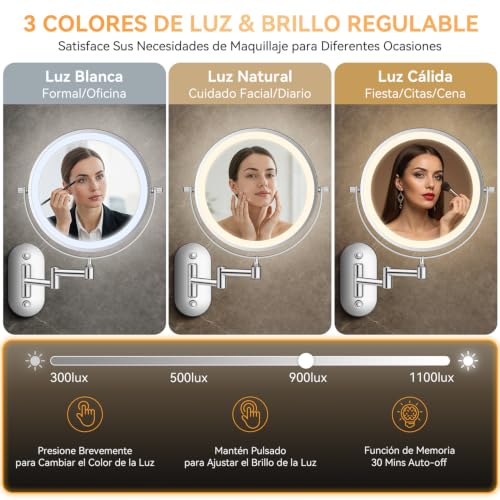 Miniatura 3 de Auxmir Espejo Maquillaje Con Luz Pared Aumento 1x 30x Recargable 3200mah Doble Cara Giratorio 360, Espejo Baño Brazo Extensible Táctil Usb, 3 Colores Brillo Regulable, Plata
