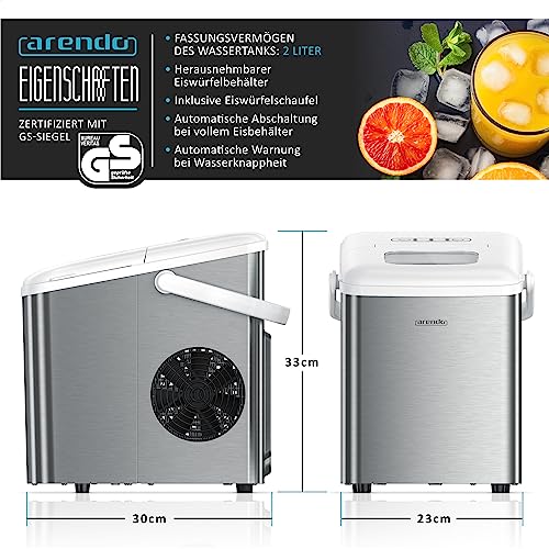 Arendo - Eiswürfelmaschine Edelstahl - Testsieger - Eiswürfelbereiter 2 Liter - Ice Cube Maker Maschine - Eiswürfelautomat - mit Kühlung - Eiswürfel Größen Klein + Groß - ABS - BPA frei