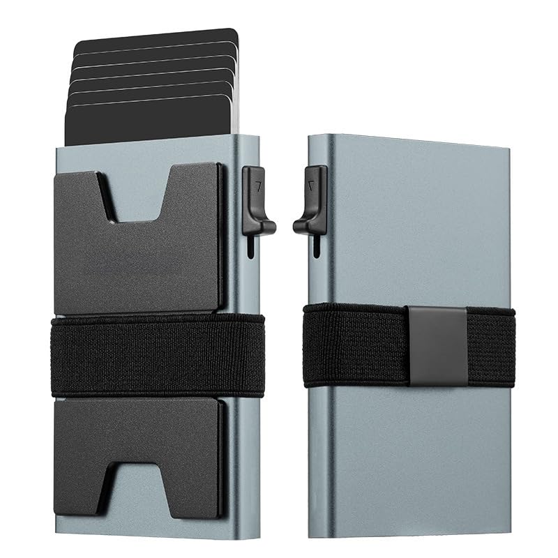 Image of Jenoss Smart Pop Up Wallet for Men: Aluminum Card Holder Wallet, Slide Pop Up Case, Slim Metal RFID Blocking Credit Card Holder, Minimalist Compact 12+ Cards Slot Organizers ID Money Clip (Cyan)
