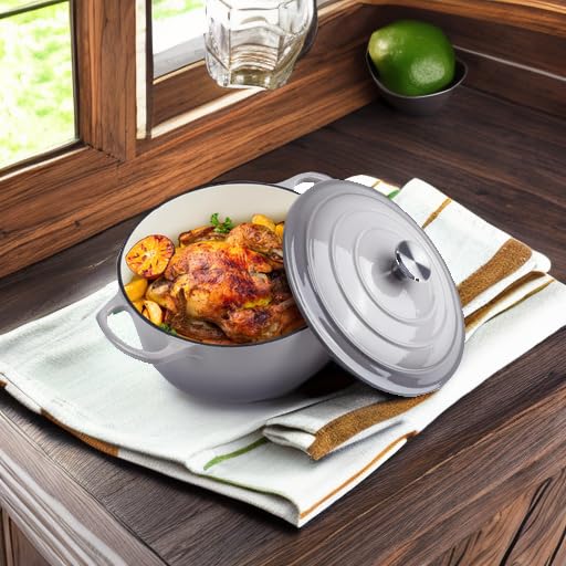 Image of 6 Quart Dutch Oven Enameled Cast Iron with Lid - Big Dual Handles - Oven Safe up to 500F - Classic Round Pot for Versatile Cooking (Light Gray, 6 QT)