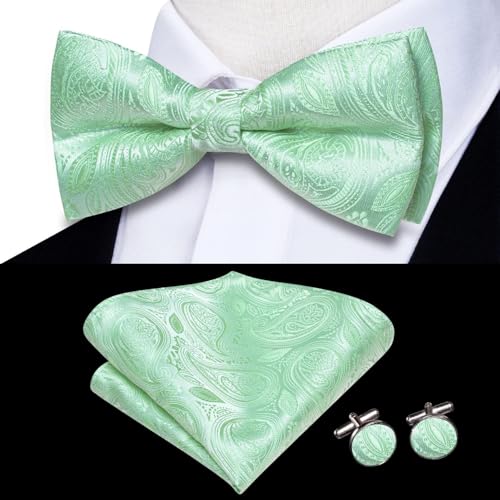 Image of Dubulle Mint Green Mens Bow Tie Set Pre-tied Paisley Striped Bowtie for Men and Pocket Square Cufflinks Wedding Business