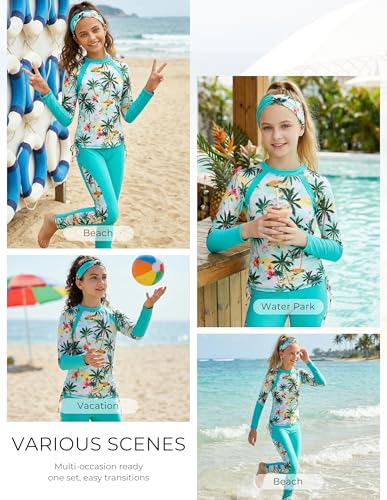 Image of GRACE KARIN Girls Long Sleeve Swimsuit Two Piece Rashguard Floral Swimwear 6-14Y