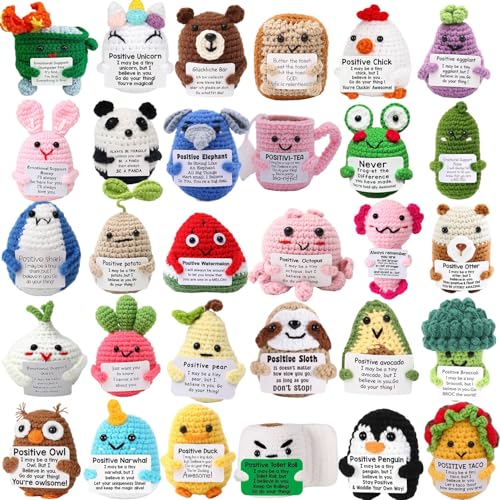 30 Pcs Positive Crochet Animals Emotional Support Cute Positive Handmade Knitted Animals Employee Appreciation Gifts Bulk Graduation Gifts for Women Men Him Her Friend Teacher Family Co Workers