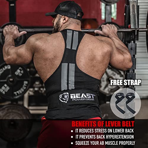 Beast Power Gear Weight Lifting Belt With Lever Buckle 10Mm 13Mm Thick & 4 Inches Wide Free Strap- Advanced Back Support For Weightlifting, Powerlifting, Deadlifts, Squats - Men & Women (Large, Black/Black) #TOP1
