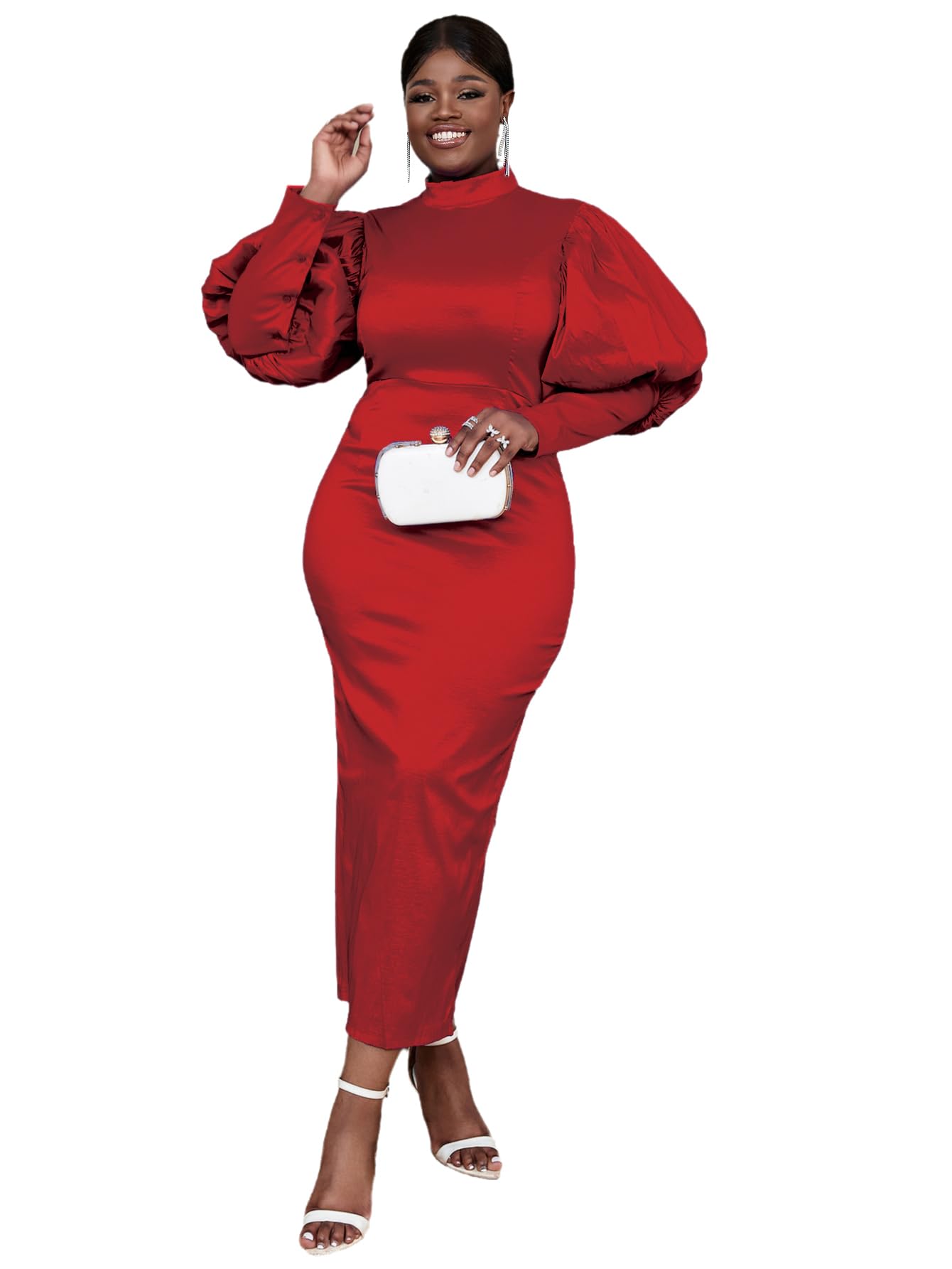 AOMEI Women's Stand Collar Long Lantern Sleeve High Waist Bodycon Maxi Dress