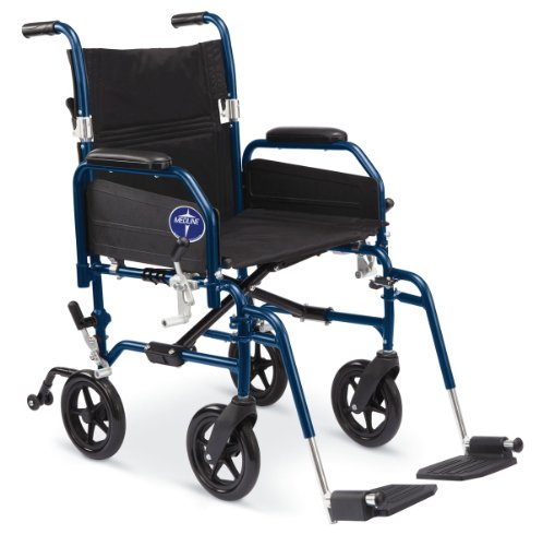 Medline Hybrid 2 Transport Wheelchair with 18' Wide Seat, Removable Desk-Length Arms, Swing-Away Elevating Footrests, and 300 lb. Weight Capacity