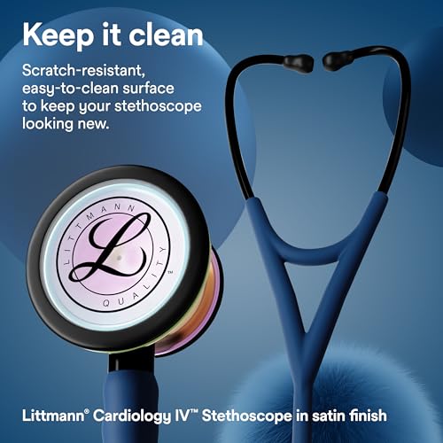 Image of 3M Littmann Cardiology IV Stethoscope, 6242C, 27 inch Navy Blue Satin Finish Tube for Added Comfort, Flexibility and Cleanability, Stainless Steel High Polish Rainbow Chestpiece