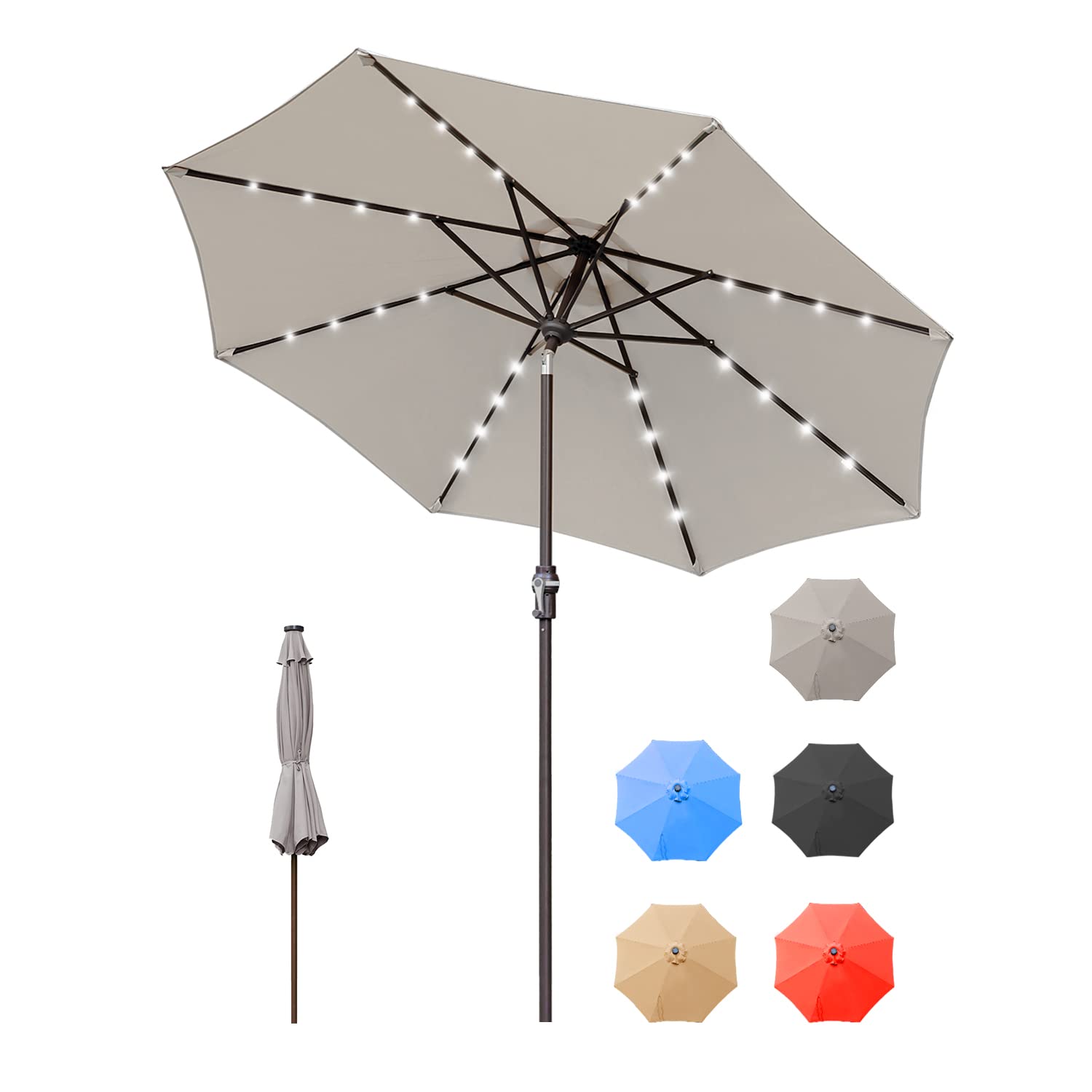 Zersun 9 FT Outdoor Patio Umbrellas with 32 Solar Lights 8 Ribs/Tilt Adjustment and Crank Lift